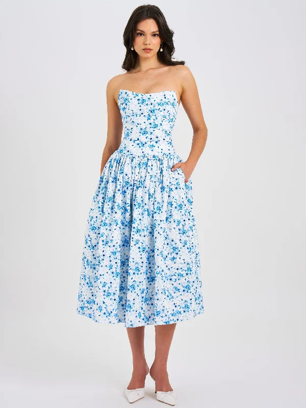 Paloma Print Linen Corset Draping Top Midi Dress | Blue