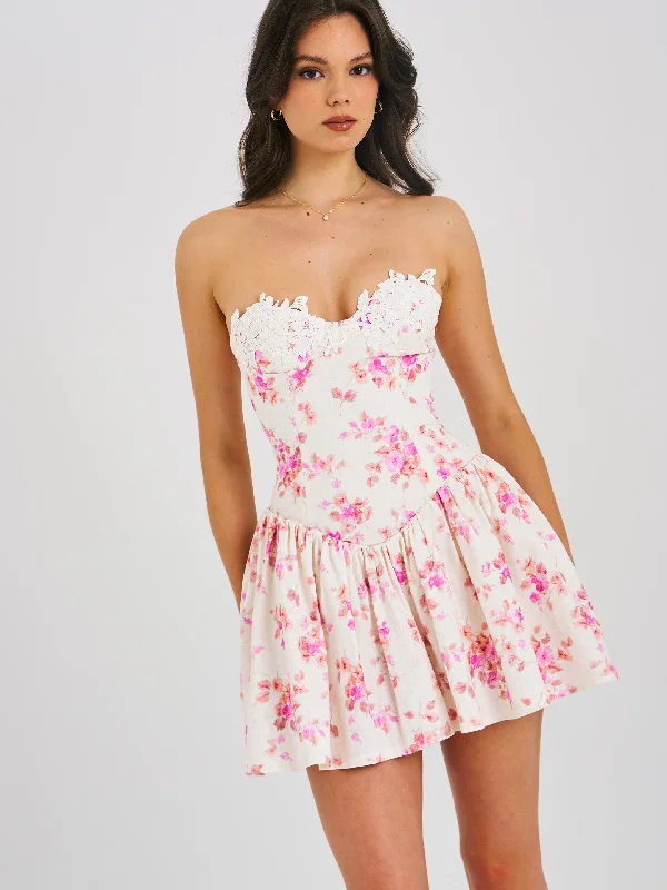 Samara Floral Drop Waist Linen Corset Puffy Mini Dress | Pink