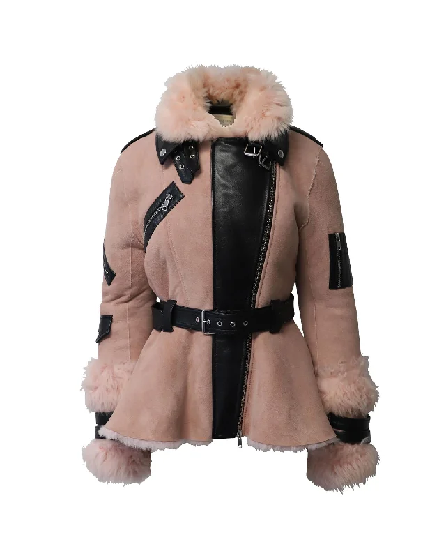 Shearling-Lined Biker Jacket in Pink Leather