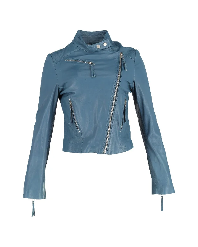 Light Blue Leather Biker Jacket with Quilted Details and Silver-Tone Hardware