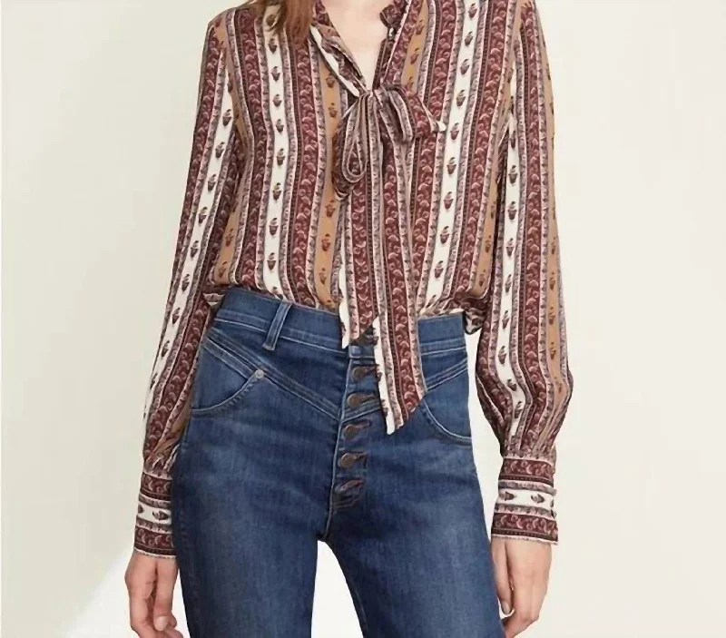 Elaine Tie Bow Long Sleeve Blouse in Ecru/Multi