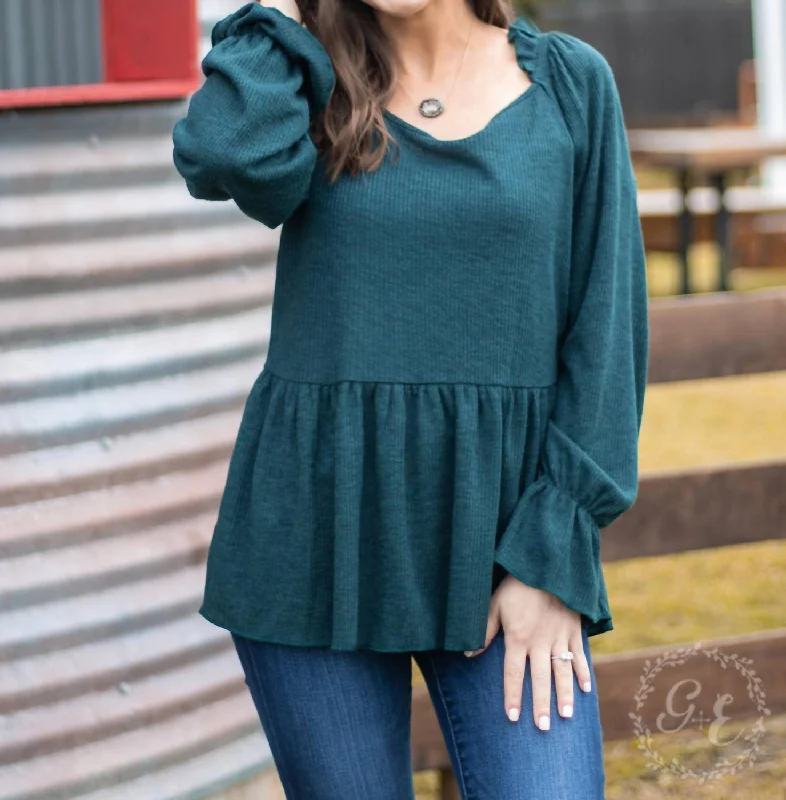 How 'bout Those Ruffles Long Sleeve With Neck Line Ruffles Top In Emerald Green