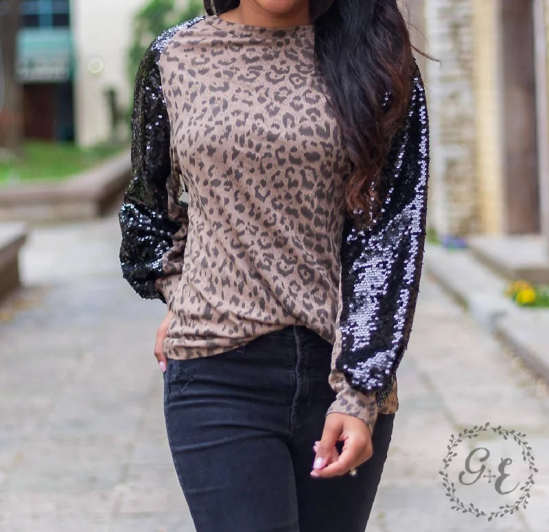 I'm A Diva Raglan Balloon Long Sleeve With Sequins Top In Leopard