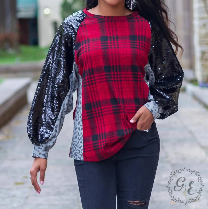 I'm A Diva Raglan Balloon Long Sleeve With Sequins Top In Plaid