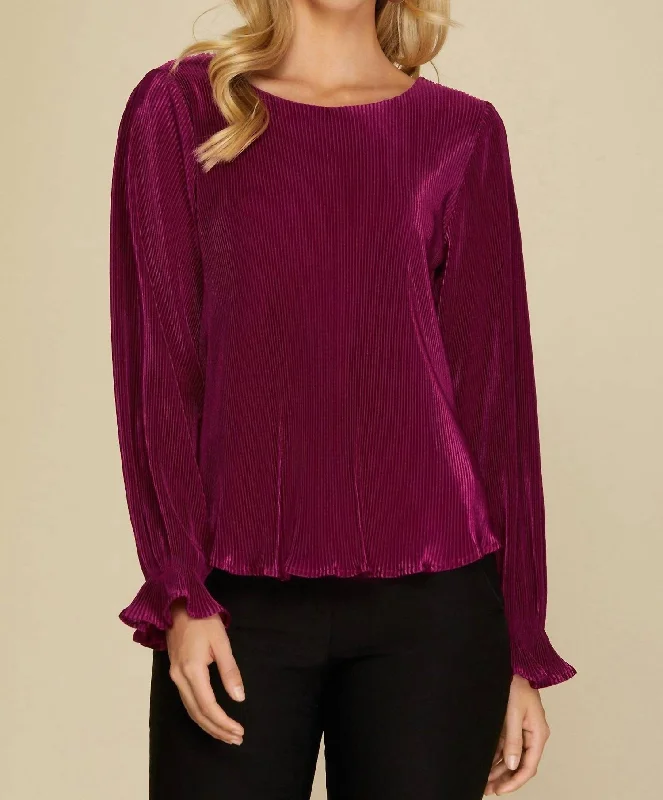 Long Sleeve Plisse Top In Magenta