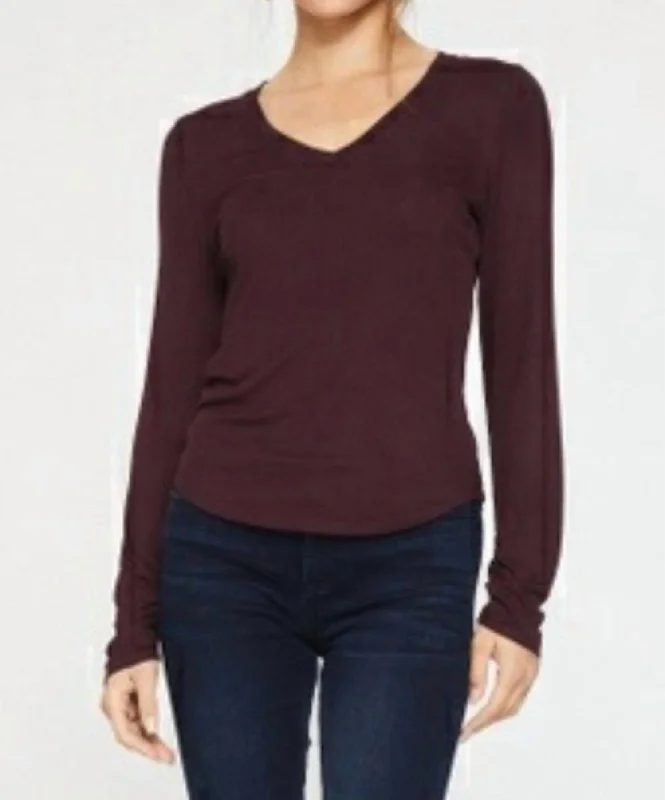 Long Sleeve Ruched Cuff Top In Tawny Port