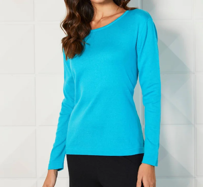 Long Sleeve Scoop Top In Turquoise