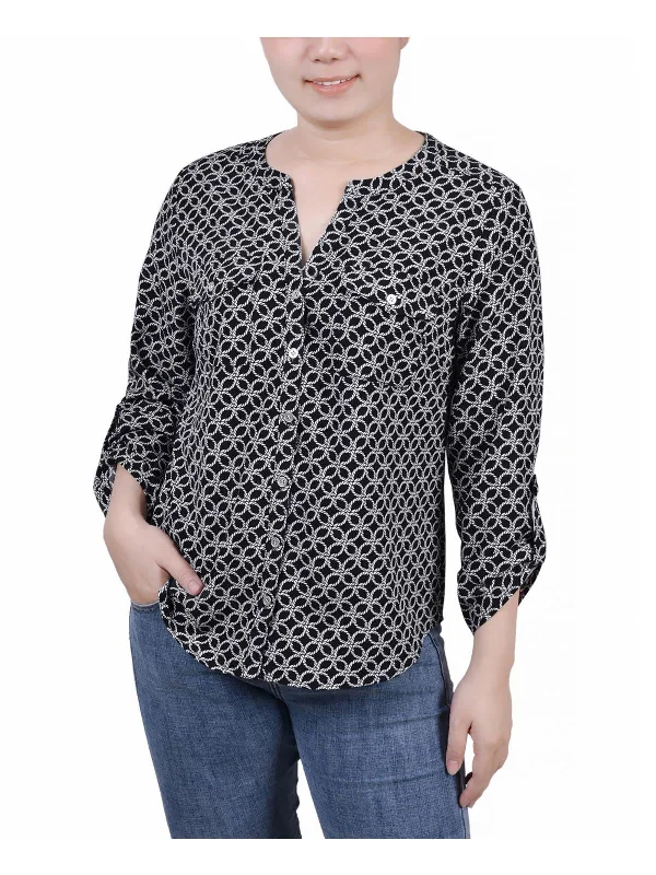 Petites Womens Button-Front Long Sleeve Blouse