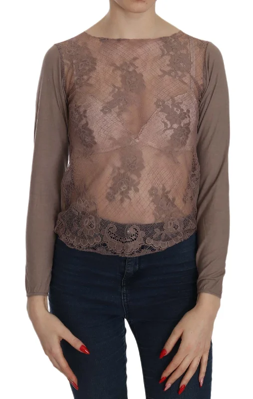 pink MEMORIES  Lace See Through Long Sleeve Women's Top