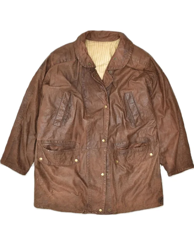 VINTAGE Womens Oversized Leather Jacket IT 48 XL Brown Leather