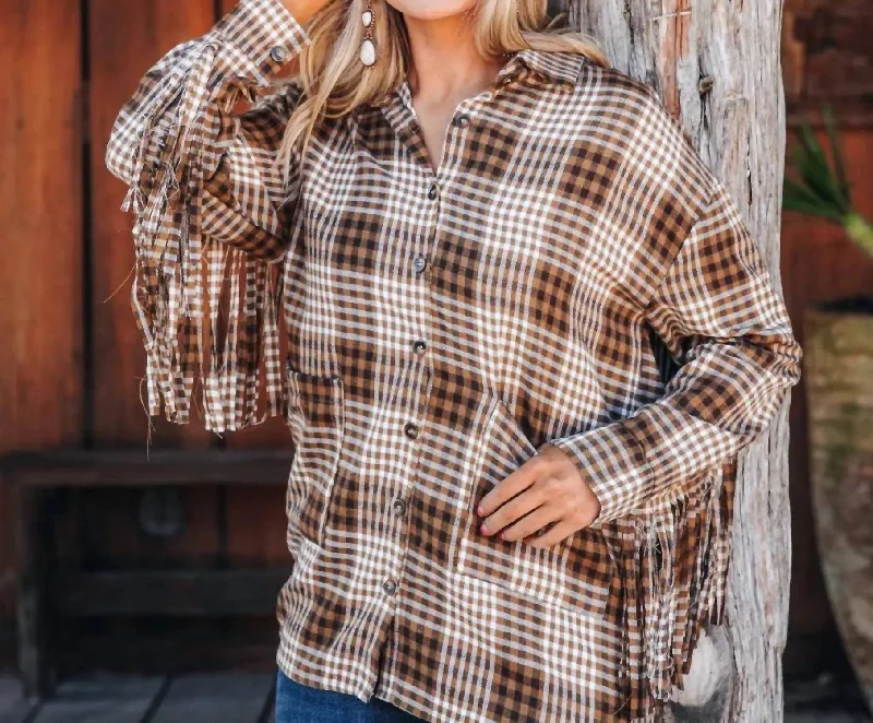 Woodland Escape Long Sleeve Flannel Top In Brown Plaid & Fringe