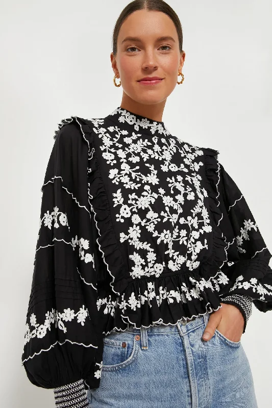 Black Embroidered Ruffle Long Sleeve Blouse