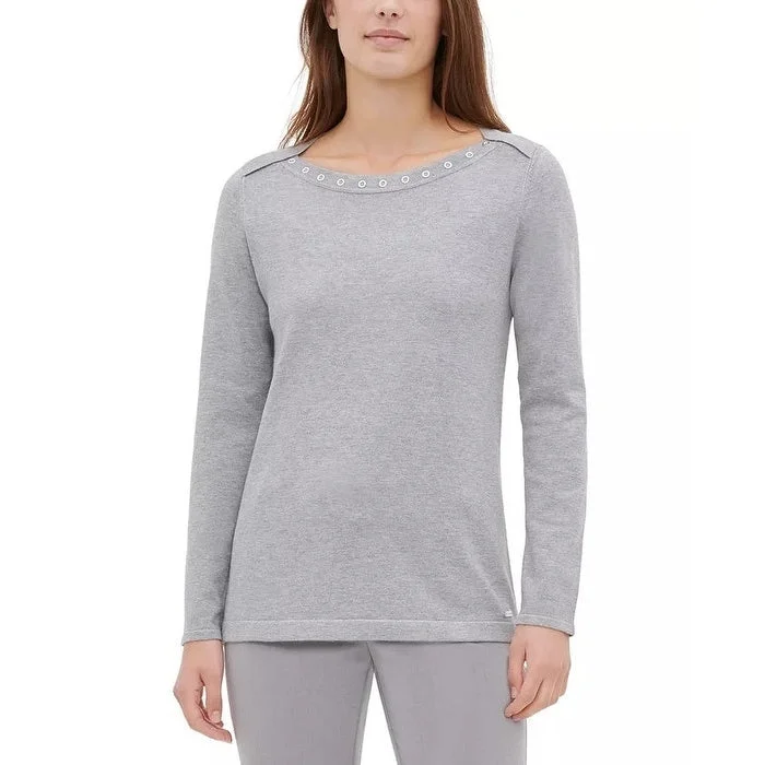 Calvin Klein Women's Heather Long Sleeve Jewel Neck Top Gray Size Medium