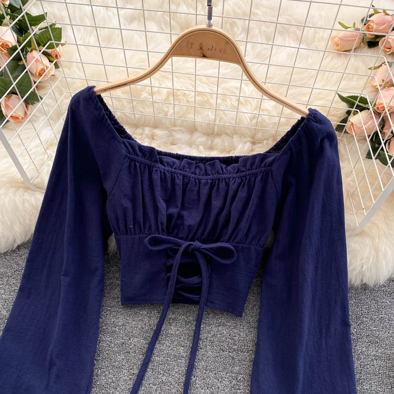 Cute long sleeve lace up tops 270