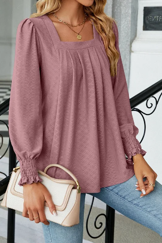 WOMEN SQAURE NECK SHIRRED CUFF LONG SLEEVE BLOUSE