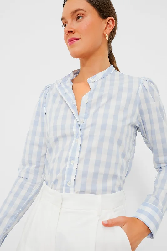 Exclusive Sky Blue Gingham Puffed Shoulder Shirt