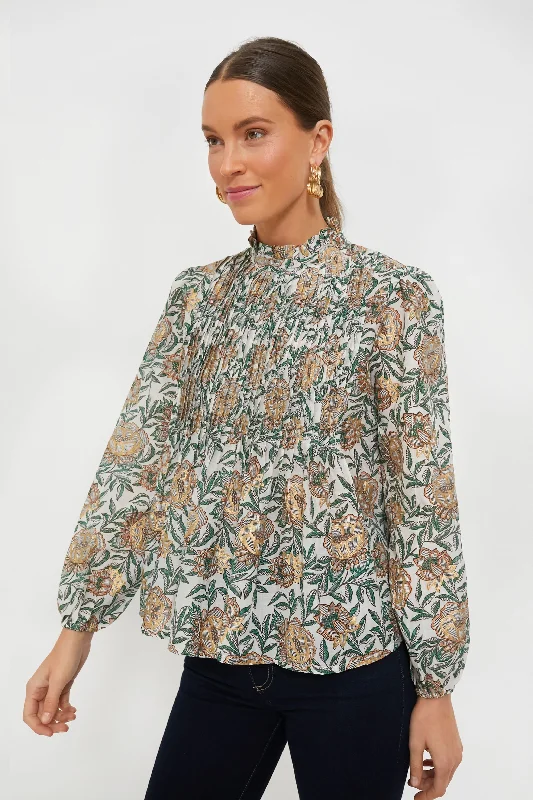 Green Hedera Long Sleeve Pintuck Blouse