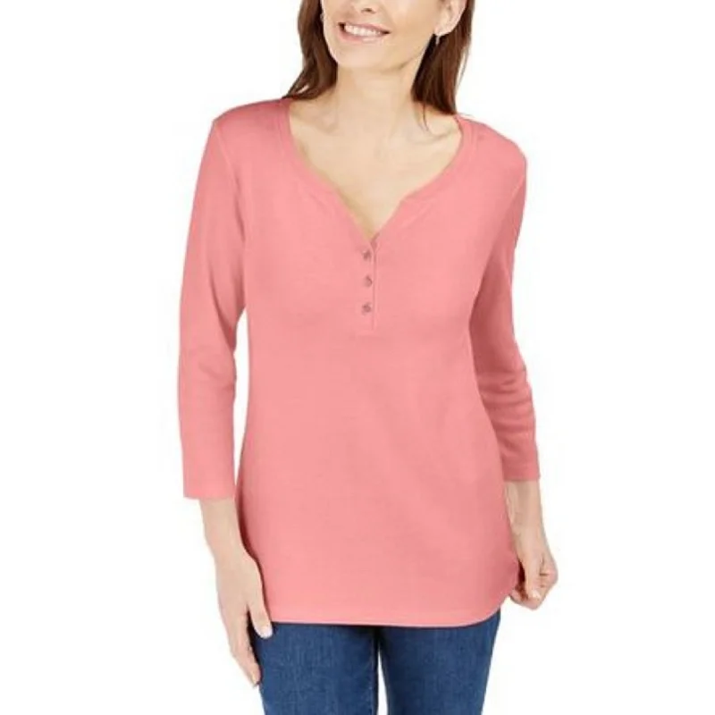 Karen Scott Women's Cotton Henley Shirt Dark Pink Size Petite