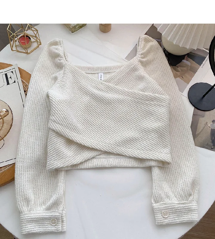 Korean irregular cross short slim long sleeve collarbone leakage top  6345