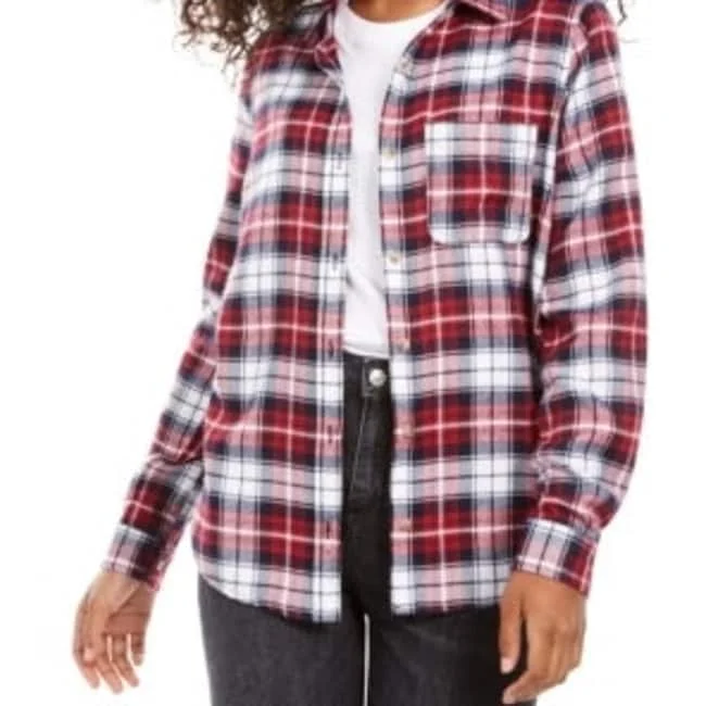 Polly & Esther Junior's Plaid Utility Shirt Red Multi Size Medium