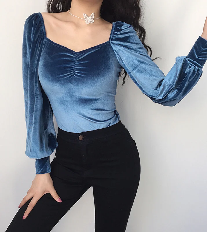 Romantic back tie one-piece top long sleeve velvet tops  387