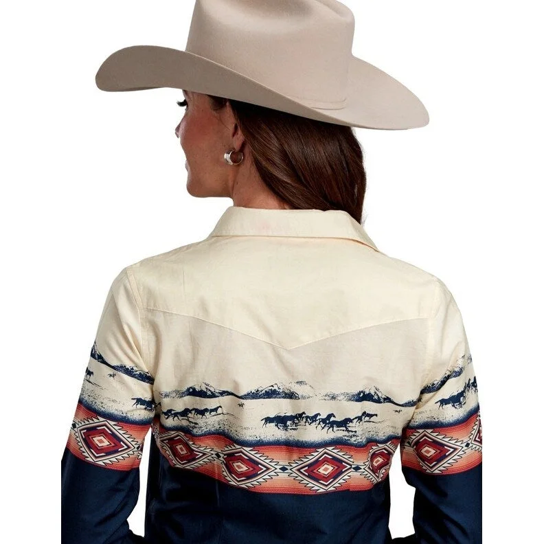 Roper Western Shirt Womens Border L/S Blue 03-050-0421-0648 BU