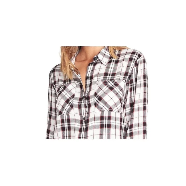 Sanctuary Women's Plaid Long Sleeve Collared Button Up Top White Size Small