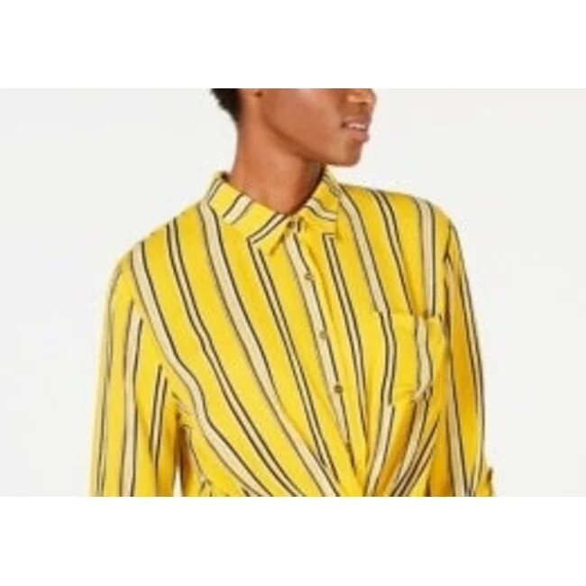 Self Esteem Junior's Striped Twist Front Button Up Shirt Yellow & Black Size Small