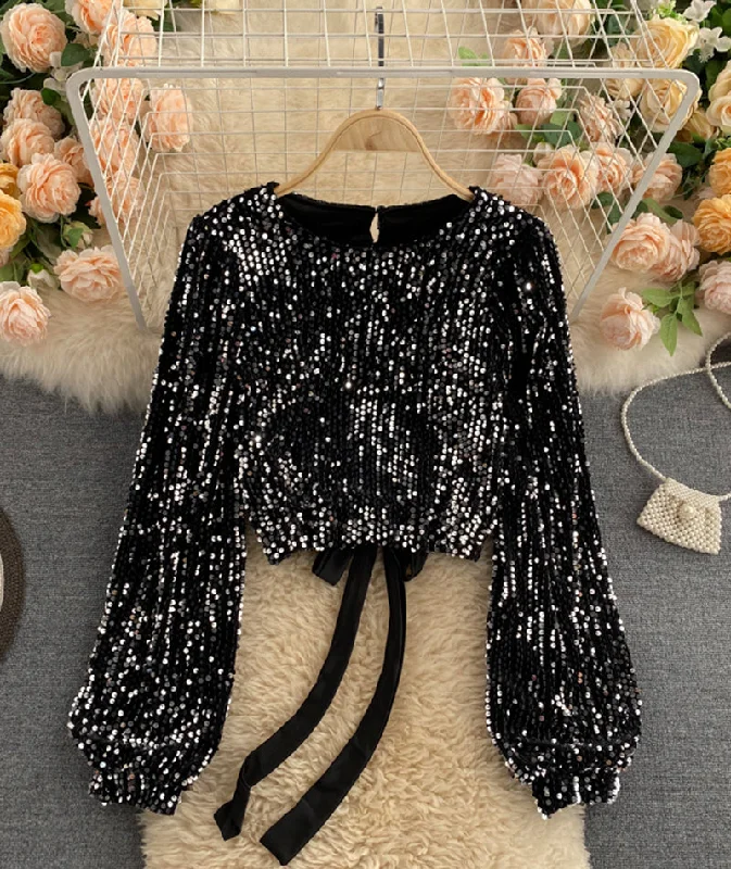 Shiny long sleeve sequins tops open back tops  368