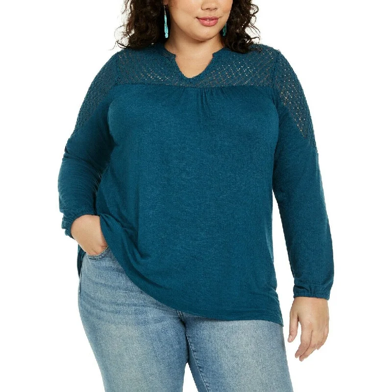 Style & Co Women's Plus Long Sleeve Crochet-Trim Top Teal Size 1X