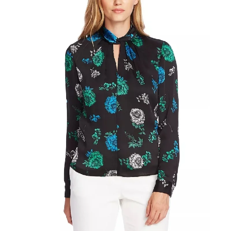 Vince Camuto Women's Printed Long Sleeve Keyhole Top Black Size Small