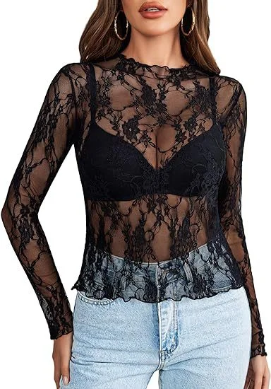 Chic Women's Long Sleeve Lace Blouse - Elegant & Transparent