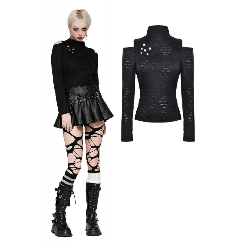 Women's Punk Ripped Eyelets Long Sleeved Blouse