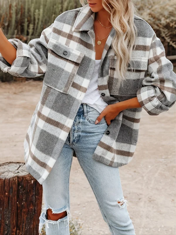 Button-Front Plaid Oversized Shirt