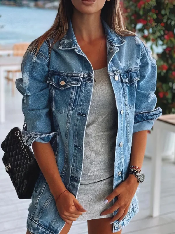 Oversized Denim Jacket with Rhinestone Accents