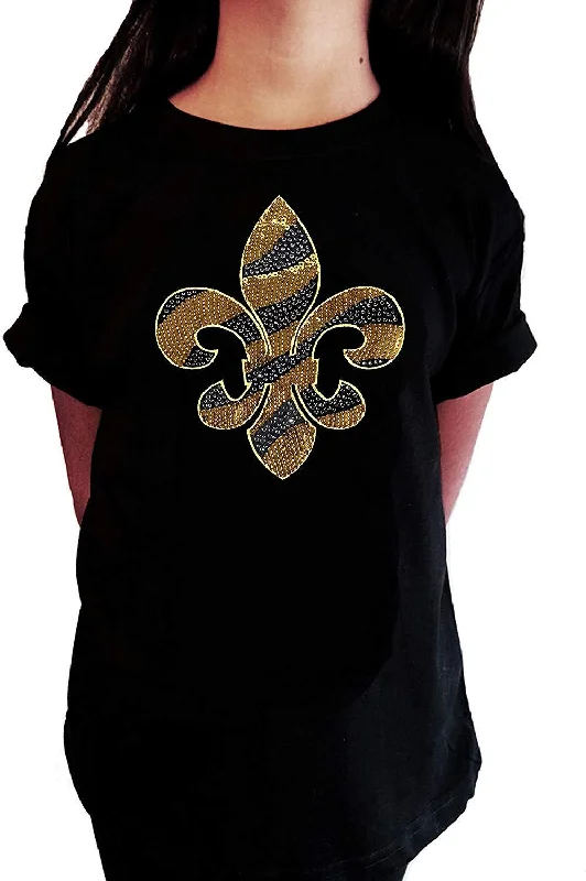 Girls Rhinestone T-Shirt " Gold Sequins and Rhinestones Fleur de Lis " Kids Size 3 to 14 Available