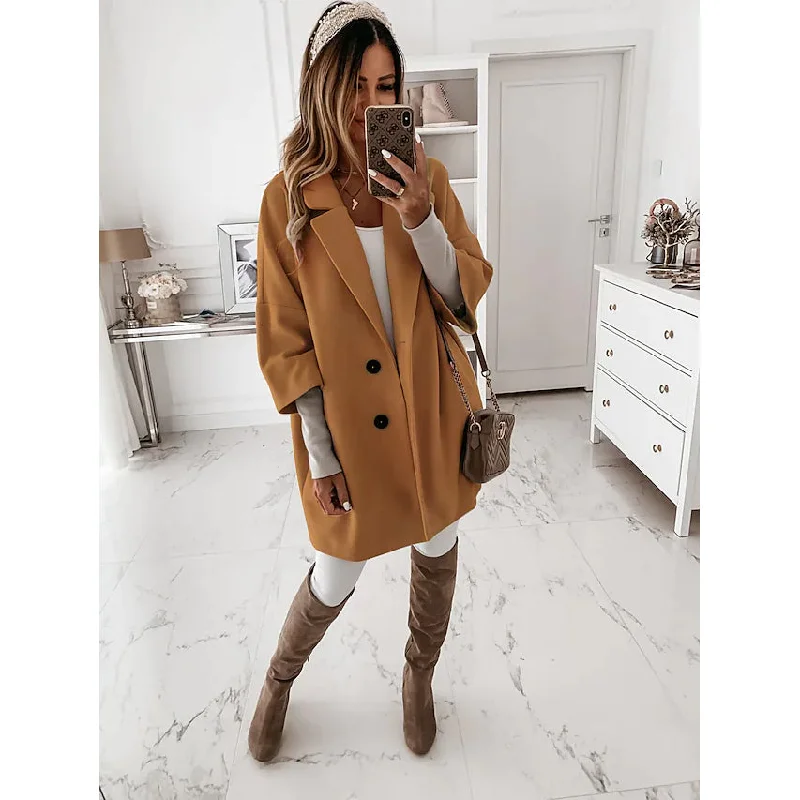 Women's Coat Shacket Jacket Long Sleeve Solid Color Oversized