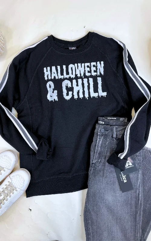 Halloween & Chill Fleece Black w/ Grey Stripe Graphic Sweatshirt - FINAL SALE